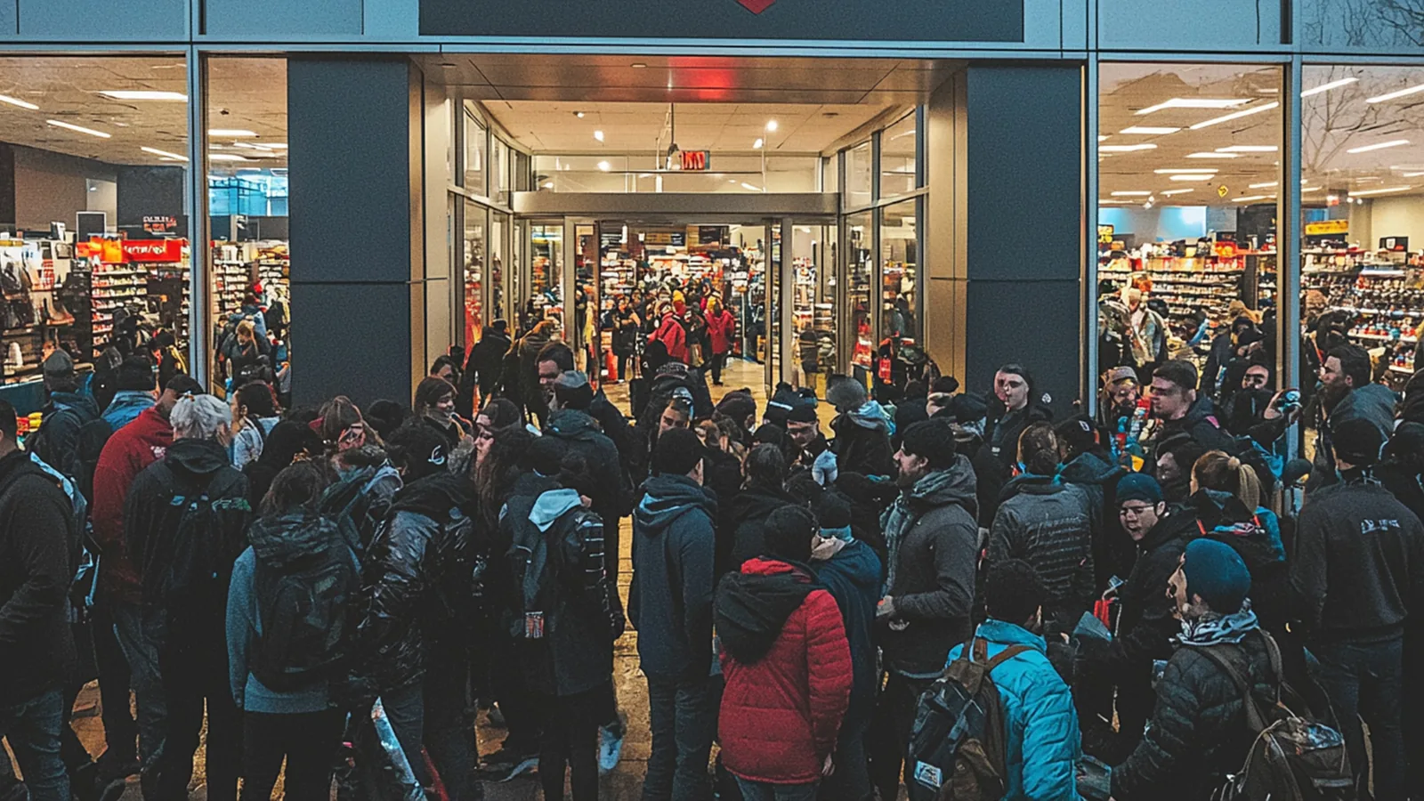 crowded store entrance shoppers