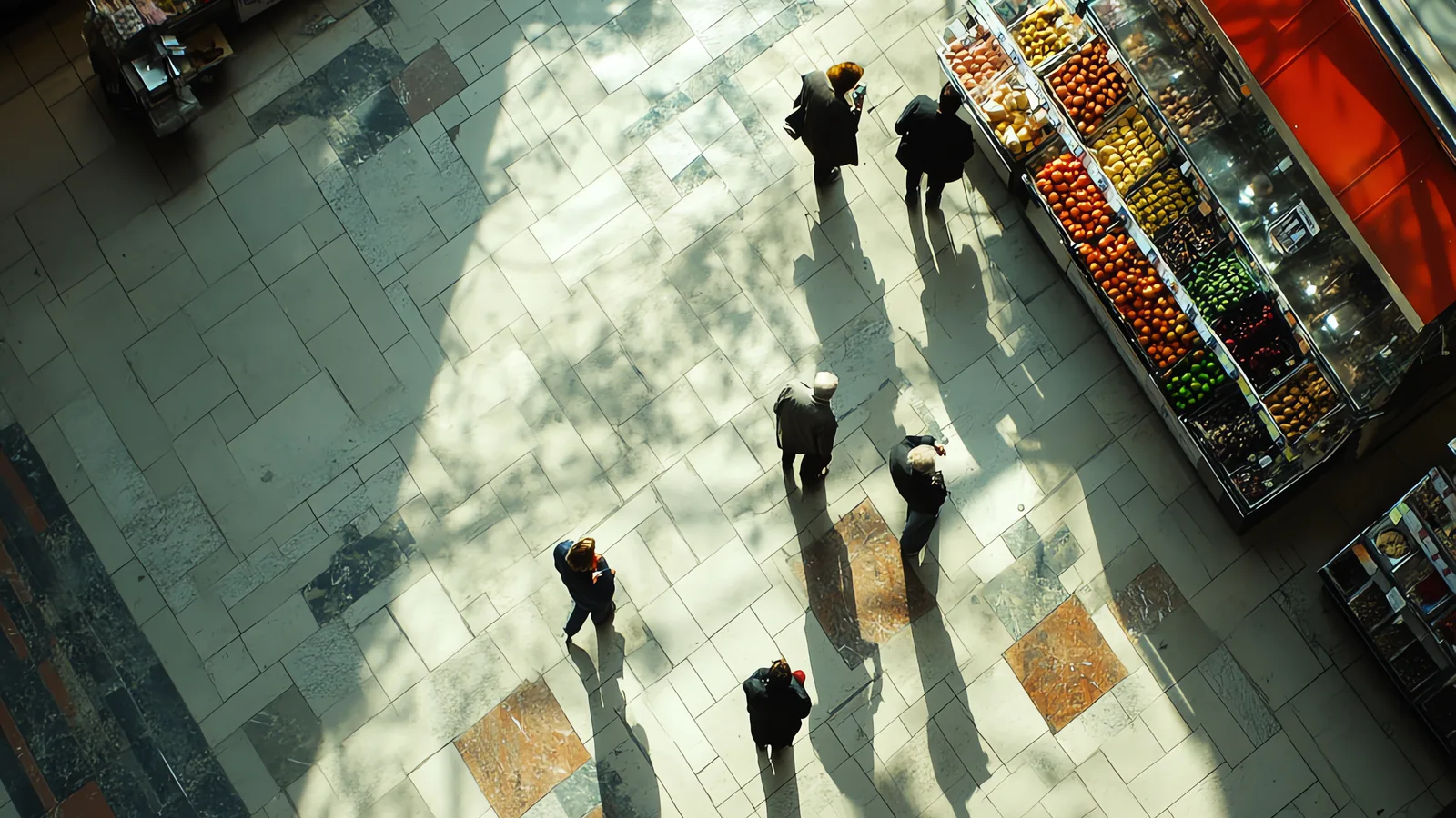 overhead view people walking store entrance