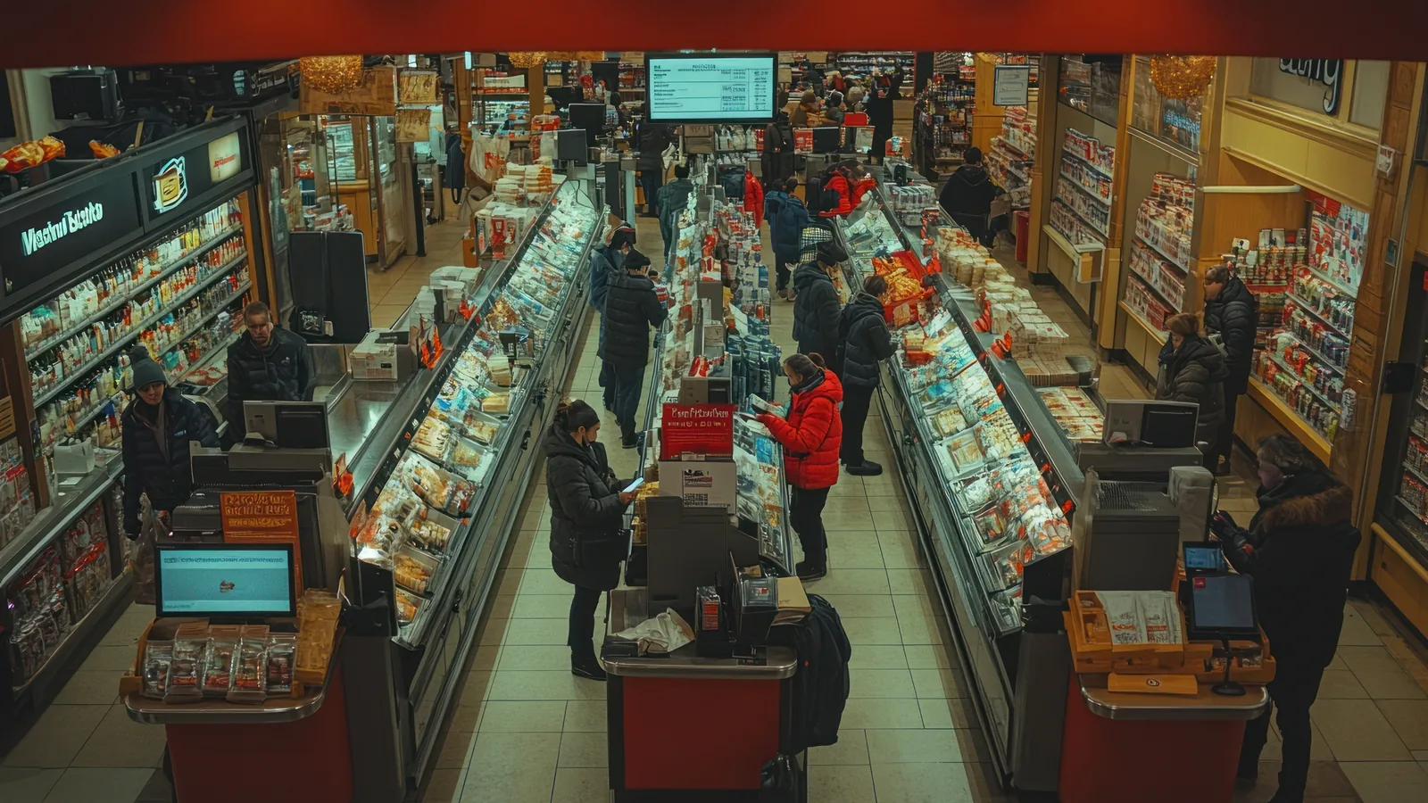 busy supermarket checkout queue interior