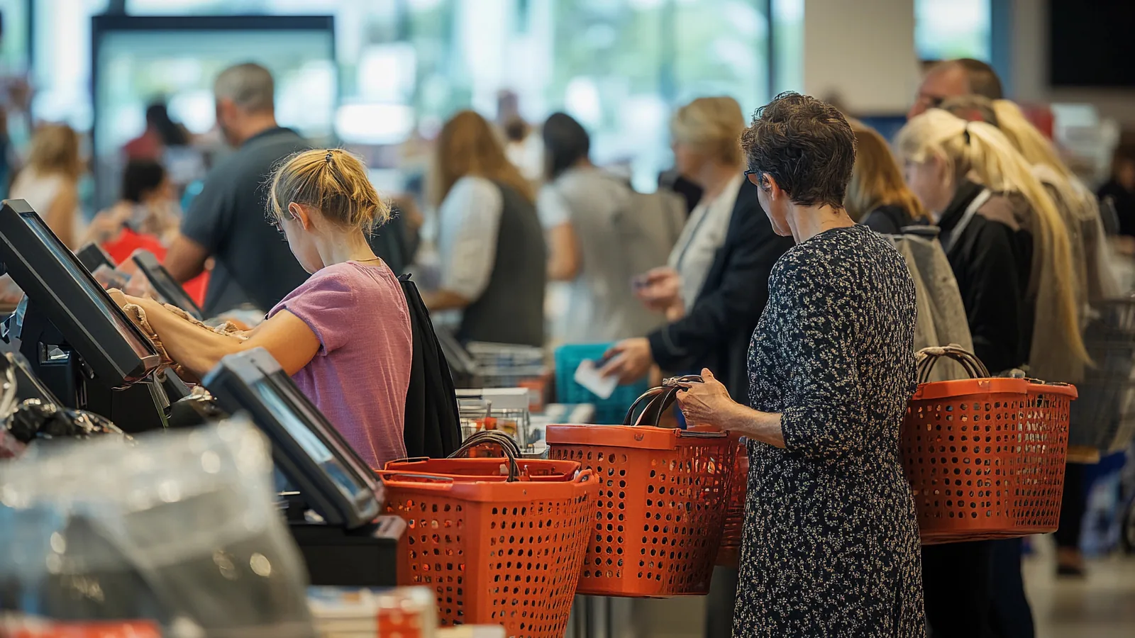 busy retail store checkout queue shoppers